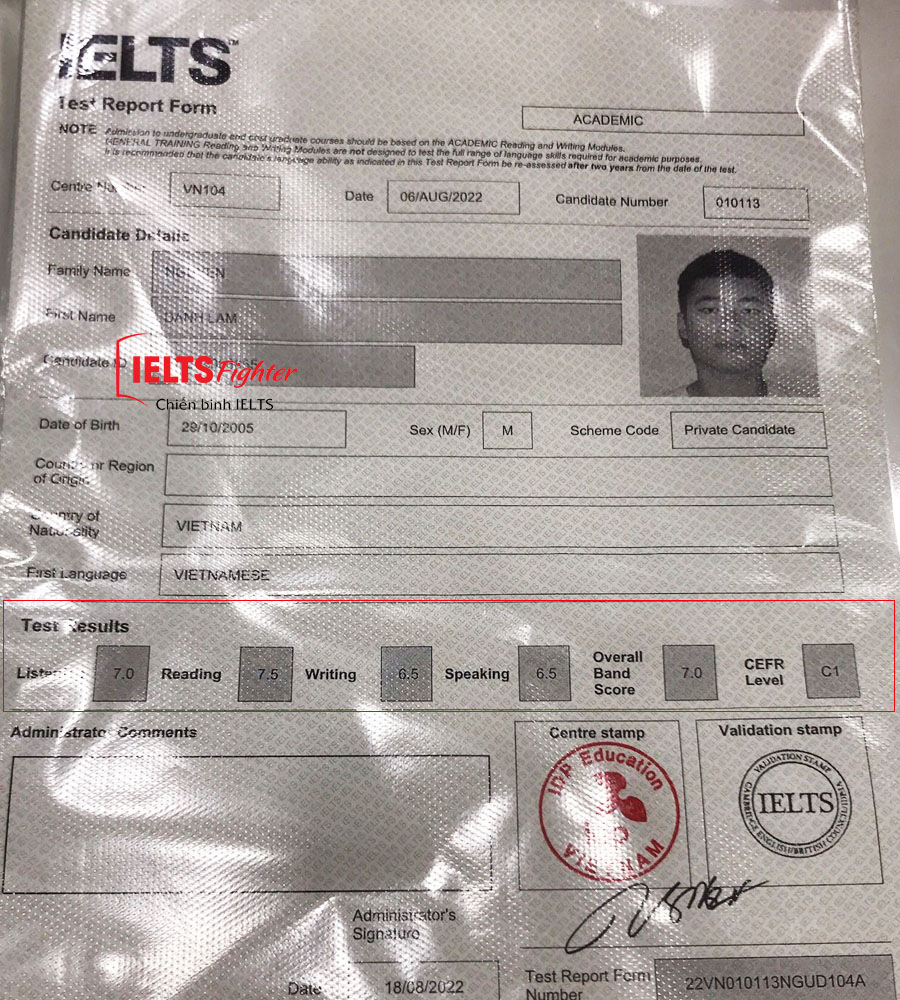 bảng điểm Danh lâm 7.5 ielts - thpt marie curie