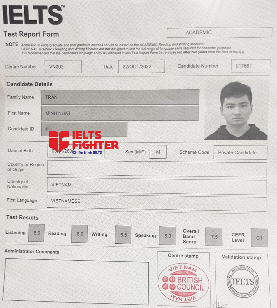 bảng điểm Minh nhật 7.5 ielts - thpt marie curie -